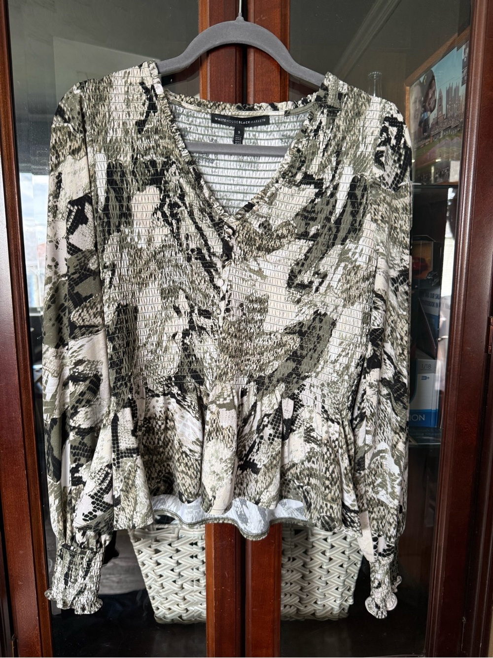 White House Black Market Olive and Black Snake-Print Smocked V-Neck Blouse